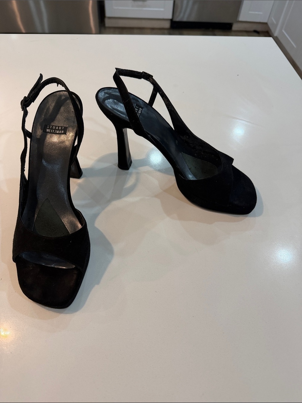 Stuart Weitzman Black Suede Open-Toe Slingback Heels